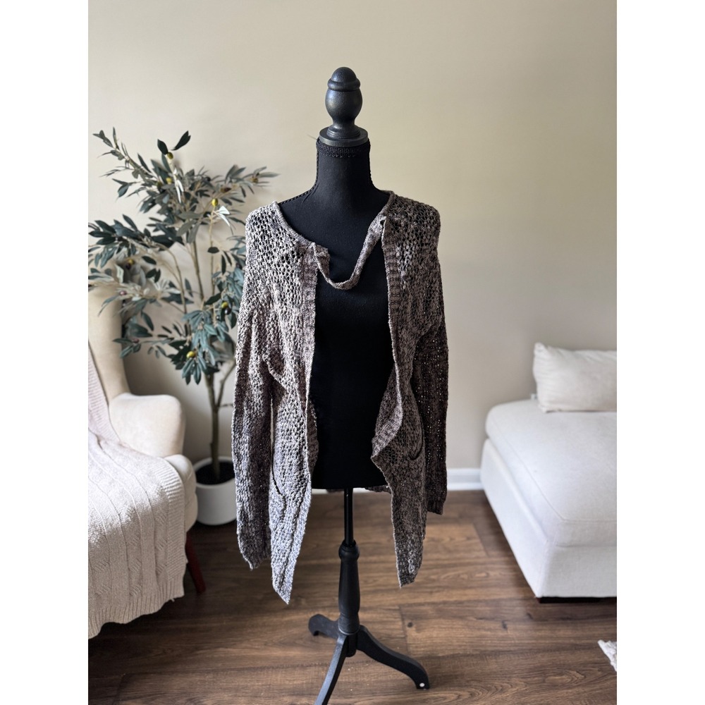 Material Girl Marled Grey Open Front Crochet Knit Cardigan Sweater Large